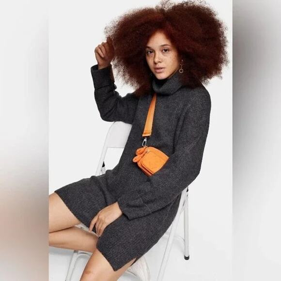 Topshop Funnel Neck Sweater Dress Size 2 Gray NWT Cuffed Ribbed Relaxed Fit - Picture 2 of 7